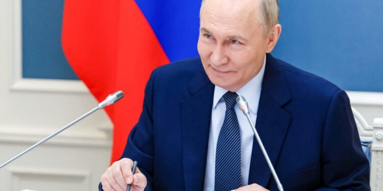 Russian President Vladimir Putin attends a meeting with mothers awarded the honorary title of Mother Heroine and families decorated with the Order of Parental Glory ahead of the upcoming International Children's Day, via video link at the Kremlin in Moscow, Russia May 29, 2025. Sputnik/Alexander Kazakov/Pool via REUTERS ATTENTION EDITORS - THIS IMAGE WAS PROVIDED BY A THIRD PARTY.